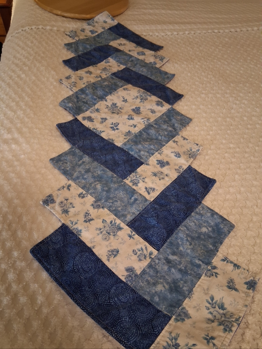 Handmade Blue Floral Patchwork Table Runner Herringbone Pattern 13 x 46